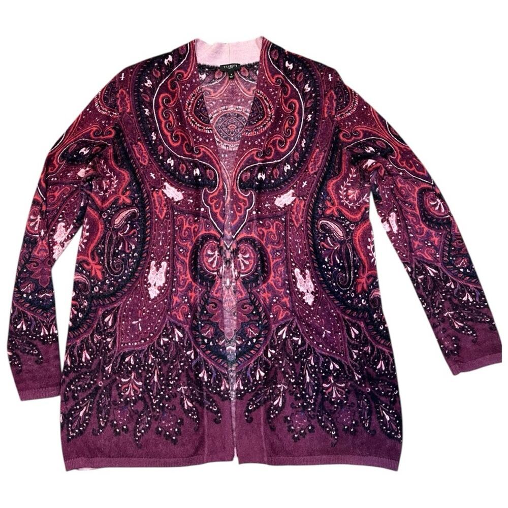 Talbots Lambswool Blend Paisley Print Open front long Cardigan sweater